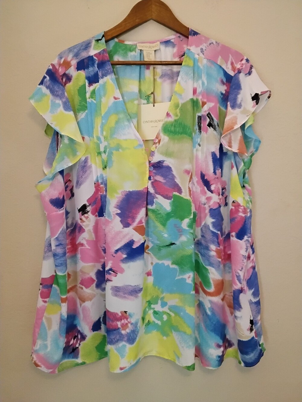 NWT Cynthia Rowley Popover Blouse Womens 3X Multicolor Floral Watercolor Top‎